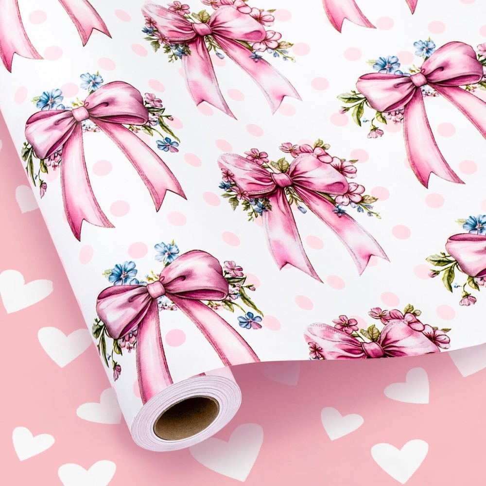MAYPLUSS Pink Bow Wrapping Paper Roll, Girl Birthday Wrapping Paper, Reversible Girly Feminine Pink Gift Wrap with Bow Print for Baby Shower, Christmas, Valentine\'s Day, Mother\'s Day (17 In X 33 Ft)