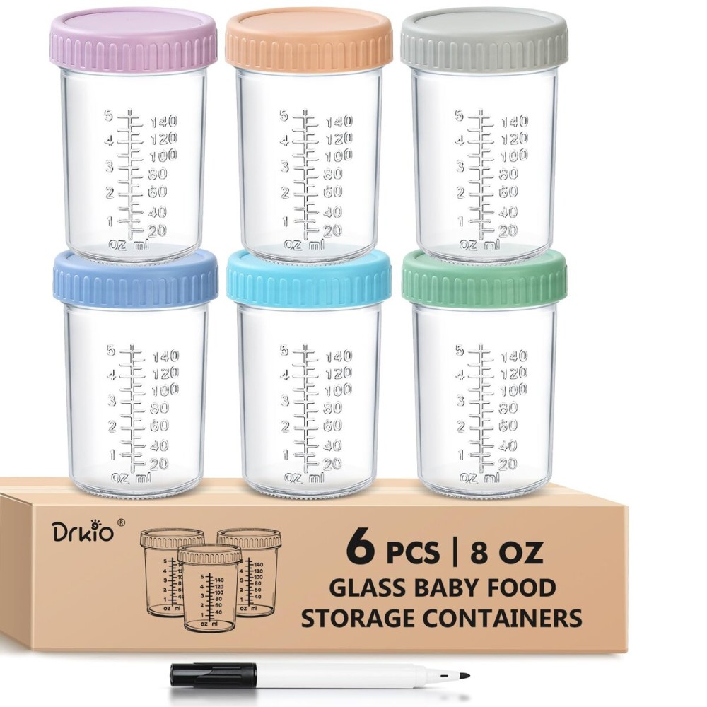 DRKIO 6 Pack Glass Baby Food Storage Containers - 8 Oz Baby Food Jars with Lids Baby Food Maker Microwave Dishwasher Freezer Safe 100% Leak Proof BPA Free Reusable