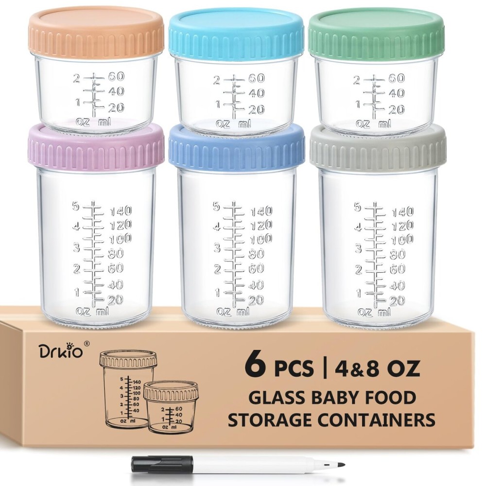 DRKIO 6 Pack Glass Baby Food Storage Containers - 4 & 8 oz Baby Food Jars with Lids Baby Food Maker Microwave Dishwasher Freezer Safe 100% Leak Proof BPA Free Reusable