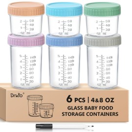 DRKIO 6 Pack Glass Baby Food Storage Containers - 4 & 8 oz Baby Food Jars with Lids Baby Food Maker Microwave Dishwasher Freezer Safe 100% Leak Proof BPA Free Reusable