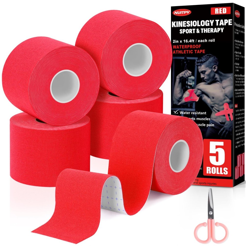 5 Rolls Kinesiology Tape, 2 inch x 16.4 Feet Waterproof Athletic Tape, Uncut Kinetic Tape, Muscle Tape, Sports Tape, Knee Tape for Exercise and Daily Use - Red