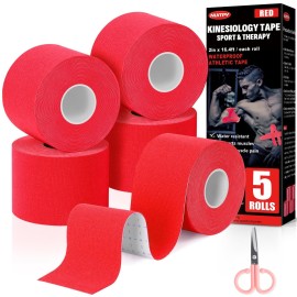 5 Rolls Kinesiology Tape, 2 inch x 16.4 Feet Waterproof Athletic Tape, Uncut Kinetic Tape, Muscle Tape, Sports Tape, Knee Tape for Exercise and Daily Use - Red