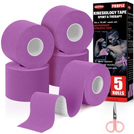 5 Rolls Kinesiology Tape, 2 inch x 16.4 Feet Waterproof Athletic Tape, Uncut Kinetic Tape, Muscle Tape, Sports Tape, Knee Tape for Exercise and Daily Use - Purple