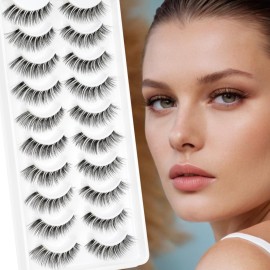 False Eyelashes Natural Lashes Wispy - 0.1mm Ultra Thin Clear Band 12mm Pestaas Postizas Naturales Cat Eye Reusable 10 Pairs Demi Wispies Short Fake Lashes Strips by EMEDA (WISPY 01)