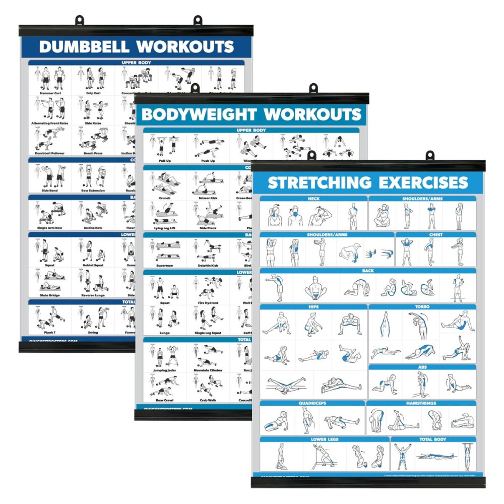 Palace Learning QuickFit 3 Pack - Dumbbell Workouts + Bodyweight Exercises + Stretching Routine Poster Set - Set of 3 Workout Charts (Laminated WITH PLASTIC FRAME, 18 x 24)