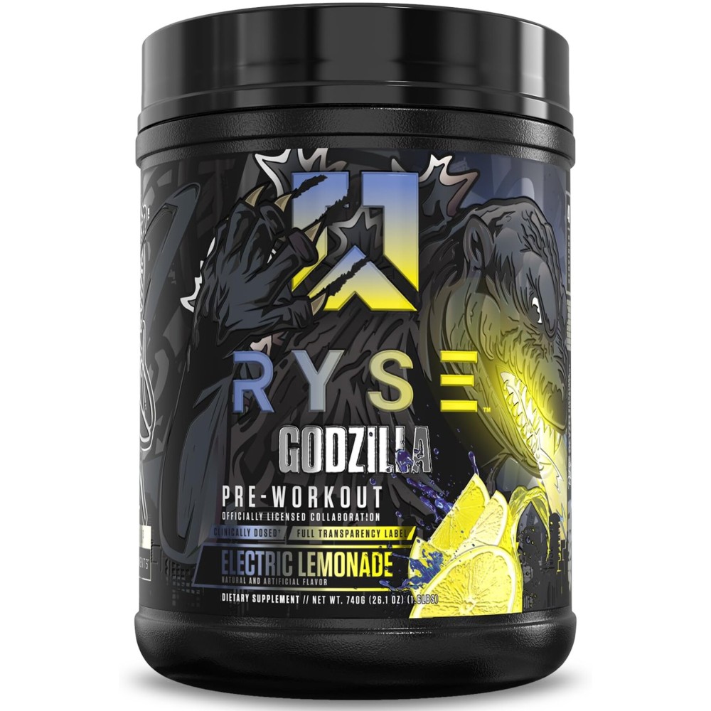 RYSE Godzilla X Noel Deyzel Pre Workout Powder - Electric Lemonade - 400mg Caffeine, High Stim Pre-Workout for Men & Women with Citrulline & Beta Alanine - Energy, Pump & Focus - 20/40 Servings