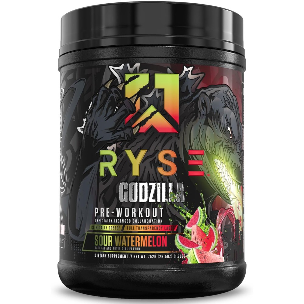 RYSE Godzilla X Noel Deyzel Pre Workout Powder - Sour Watermelon - 400mg Caffeine, High Stim Pre-Workout for Men & Women with Citrulline & Beta Alanine - Energy, Pump & Focus - 20/40 Servings