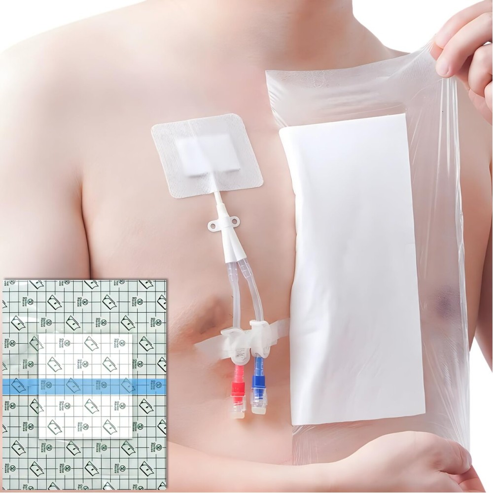 Waterproof Shower Cover Shields Dialysis Port Picc Line Chest Catheter PD Peritoneal Dialysis Chemo, Non-Stick Center Pad for Feeding Tube Peg G-Tube Patient Bandage Protector, 12x12(Pack of 7)