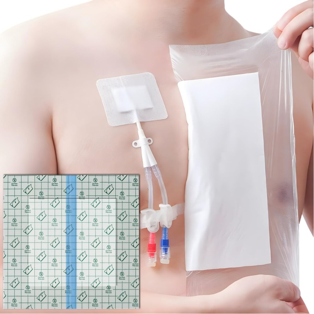 Waterproof Shower Cover Shields Dialysis Port Picc Line Chest Catheter PD Peritoneal Dialysis Chemo Non-Stick Center Pad for Feeding Tube Peg G-Tube Patient Bandage Protector, 10x10(Pack of 25)