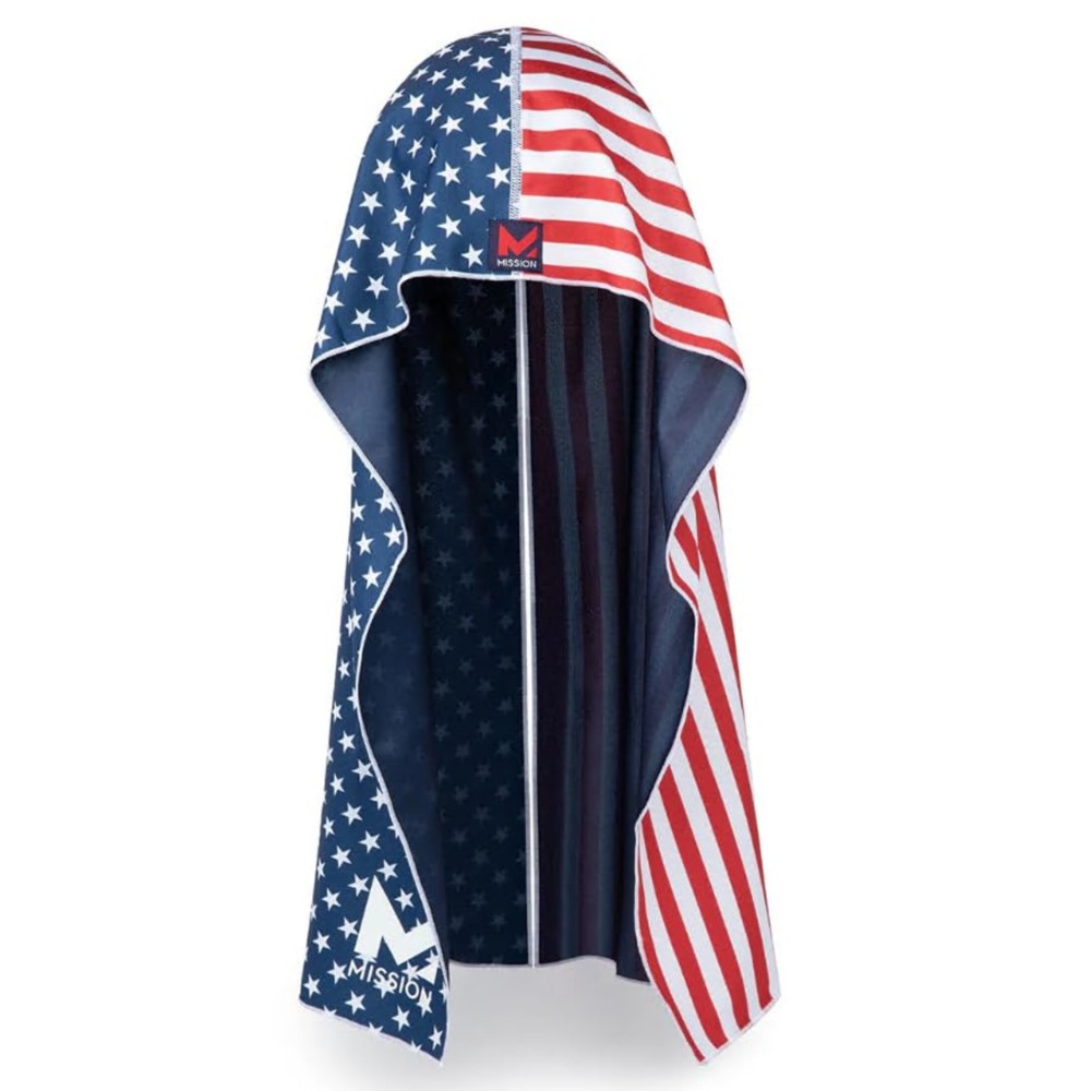 MISSION Cooling Hoodie Towel, Soft, Durable Microfiber - Cools Up to 2 Hours - UPF 50 Sun Protection - Machine Washable (USA Flag)
