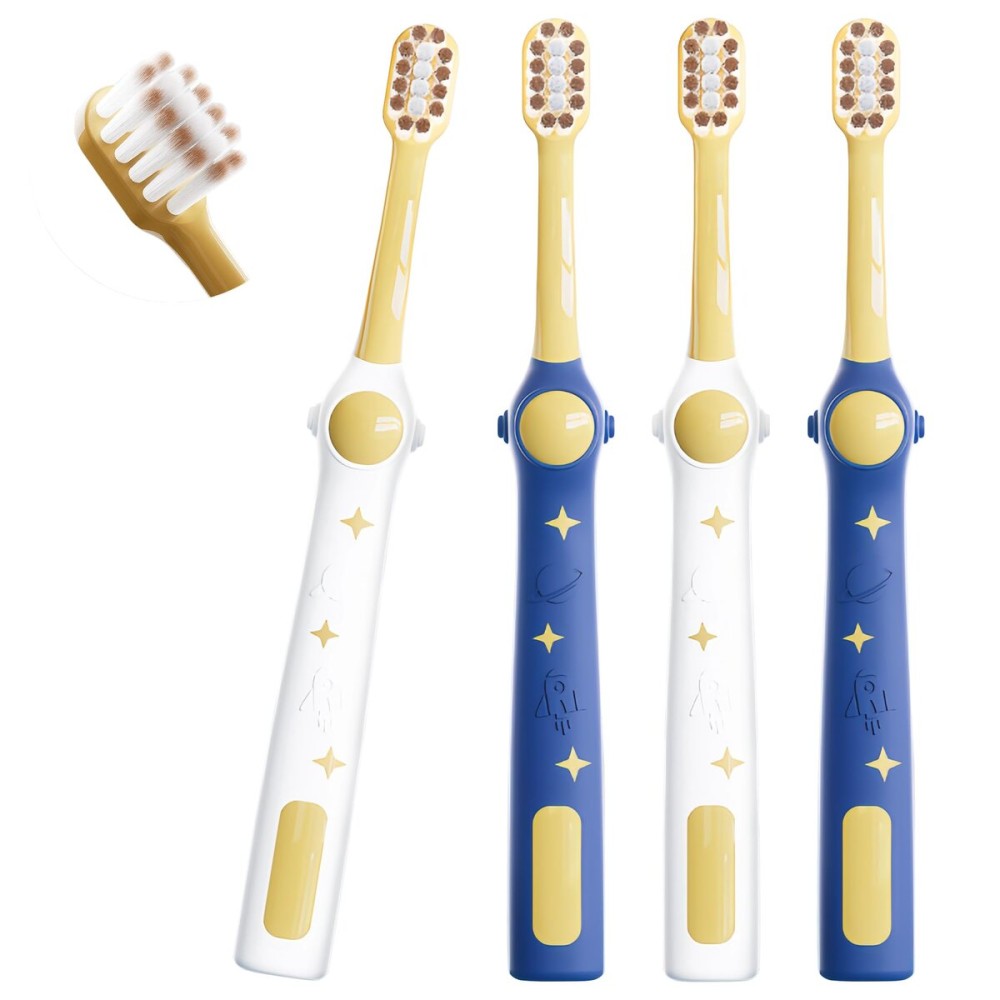 EASICUTI Extra Soft Kids Toothbrushes 4 Pack, Space Style Toddler Toothbrushes for Ages 2-12 Years, Baby Toothbrush 12 Months and up, Childrens Toothbrush Help Remove Plaque and Stains-Blue, White