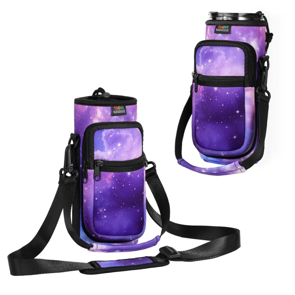 Nuovoware Magnetic Gym Bag, 25oz/32oz Water Bottle Carrier Holder, Adjustable Shoulder Strap 2 Pocket Sports Sling Neoprene Sleeve for Hiking Travelling Camping, Purple Starry Sky