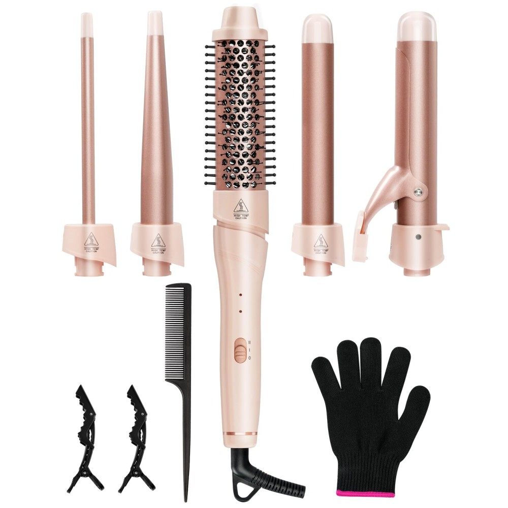 ANIEKIN 5 in 1 Curling Iron Set, Fast Heat Up Curling Wand from 3/8 to 1 1/4 Inch and a Thermal Brush Come with, Dual Voltage Hair Curler for Women All Hair Types and Travel Use, Gifts for Women,Pink