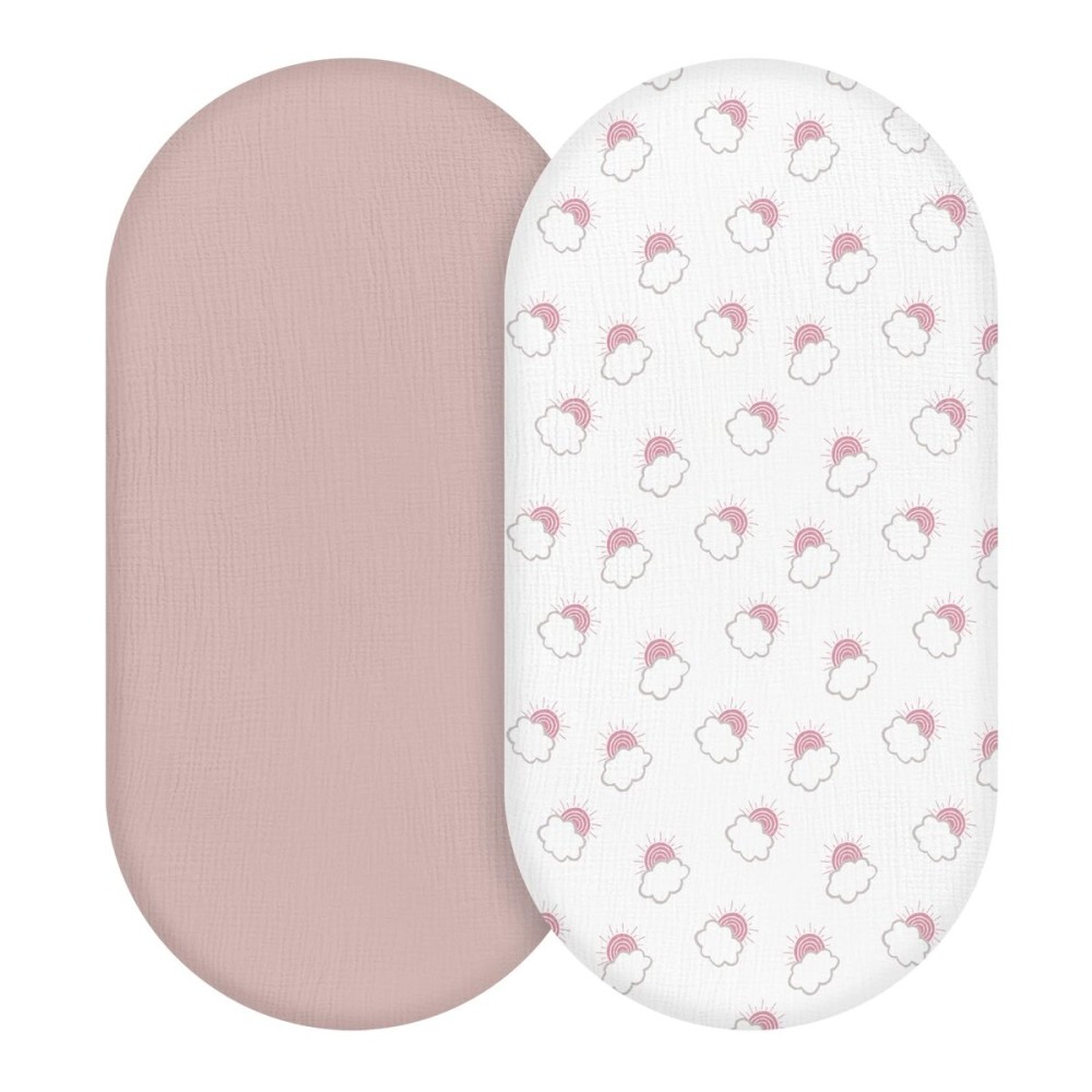 Muslin Bassinet Fitted Sheets, 2 Pack for Baby Boy and Girl, Soft Breathable Baby Pad/Mattress Sheet, Fit for Hourglass Oval and Rectangle Bassinet Mattress (Pink Cloud)