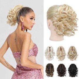 REECHO 9 Short Ponytail Extension, Classic Loose Curly Wavy Claw Clip Pony tails Hair Extensions HP001 Hairpieces for Women (Dirty Blonde)