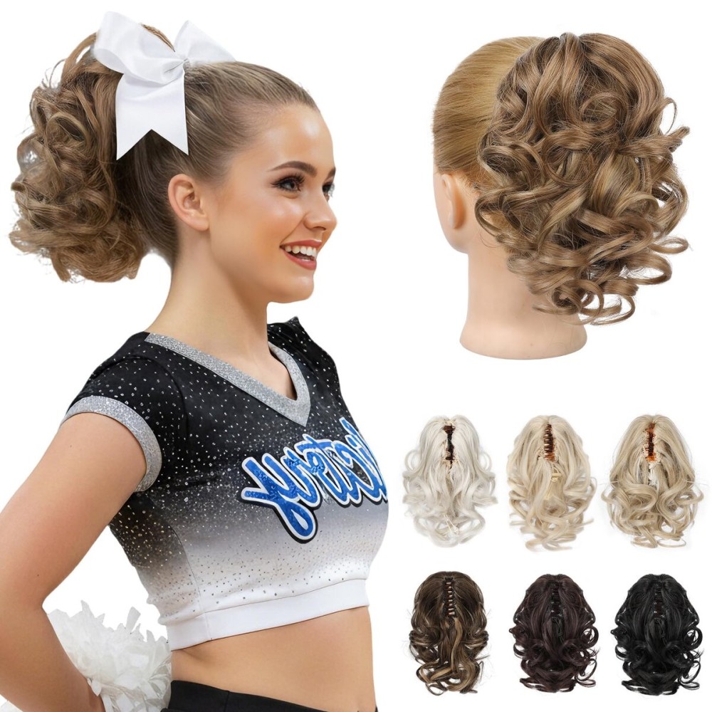 REECHO 9 Short Ponytail Extension, Classic Loose Curly Wavy Claw Clip Pony tails Hair Extensions HP001 Hairpieces for Women (Light Brown with Blonde Highlights)