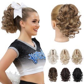 REECHO 9 Short Ponytail Extension, Classic Loose Curly Wavy Claw Clip Pony tails Hair Extensions HP001 Hairpieces for Women (Light Brown with Blonde Highlights)