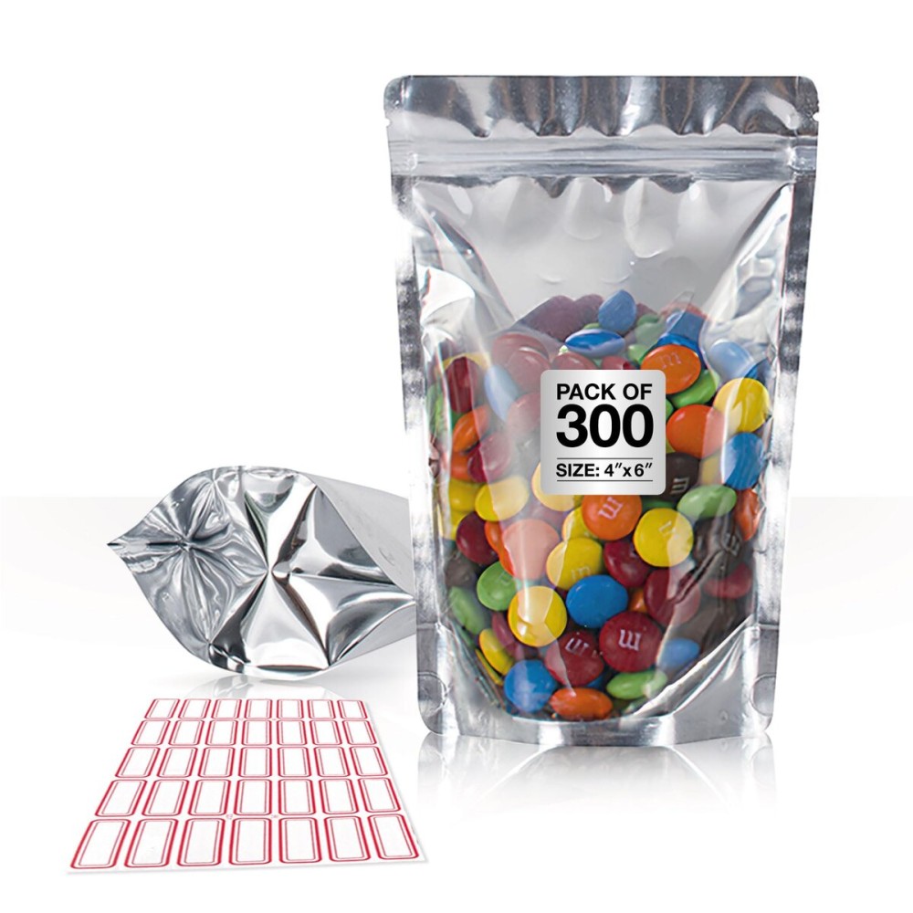 BELLE KR 4x6 Mylar Bags for Food Storage with 7.5mil Thick - Pack Of 300 - Stand Up Clear Mylar Bags with See Through Window - Small 1/2 Pint Pouches for Freeze Dried Candy - Labels Included