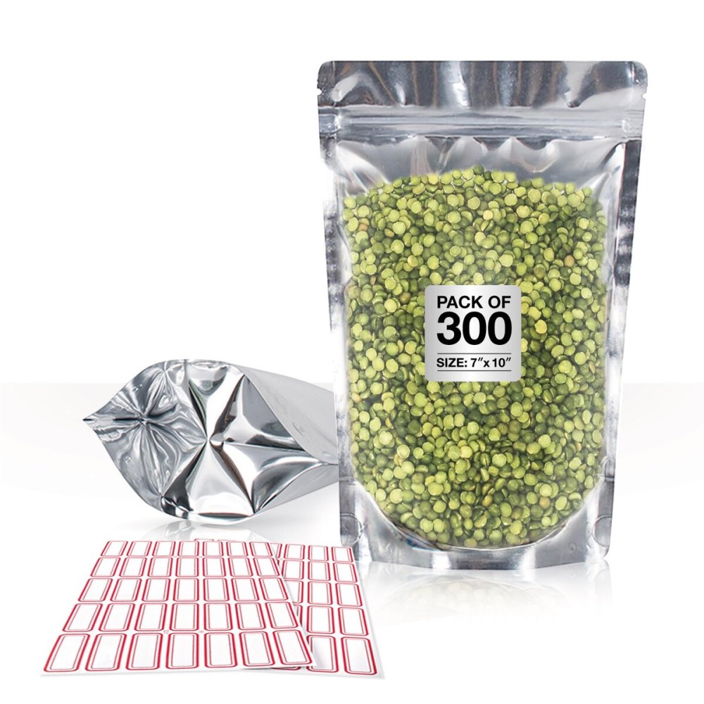 BELLE KR 7x10 Quart Mylar Bags for Food Storage - Pack Of 300-7.5mil Thick - Gusseted Bottom - Clear Mylar Bags with See Through Window for Freeze Drying food - Labels Included