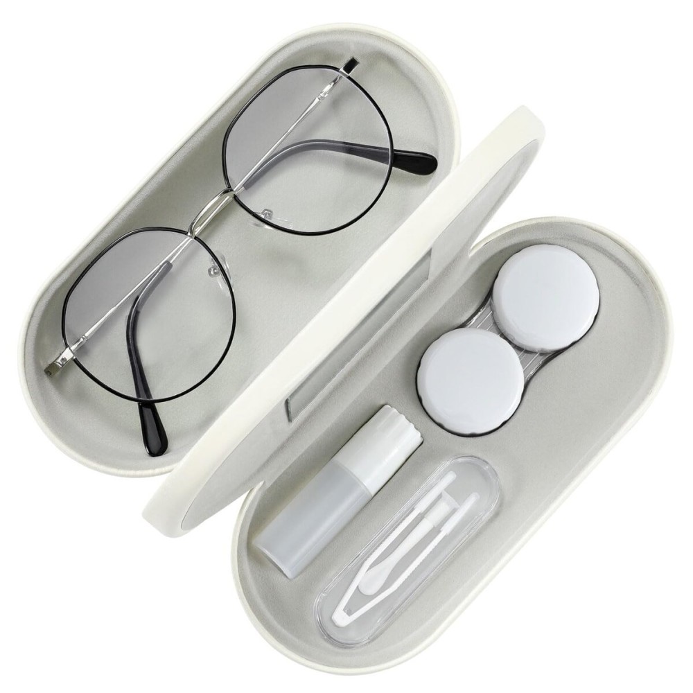 MoKo Double Eyeglass Case, Contact Lens Case with Mirror Tweezers Remover, 2 in 1 Double Sided Portable Contact Lens Box Holder Container Soak Storage Kit Sunglasses Pouch for Men & Women, Beige