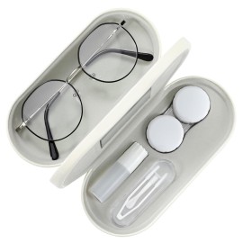 MoKo Double Eyeglass Case, Contact Lens Case with Mirror Tweezers Remover, 2 in 1 Double Sided Portable Contact Lens Box Holder Container Soak Storage Kit Sunglasses Pouch for Men & Women, Beige