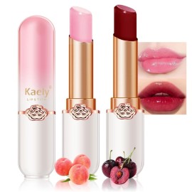 evpct 2Pcs Peach Red Cherry Magic Mood Color Changing Lipstick Long Lasting 24 Hours Original for Women, PH Color Change Changing Jelly Lipstick Tinted Lip Balm Gloss Stain Makeup Set labiales magicos