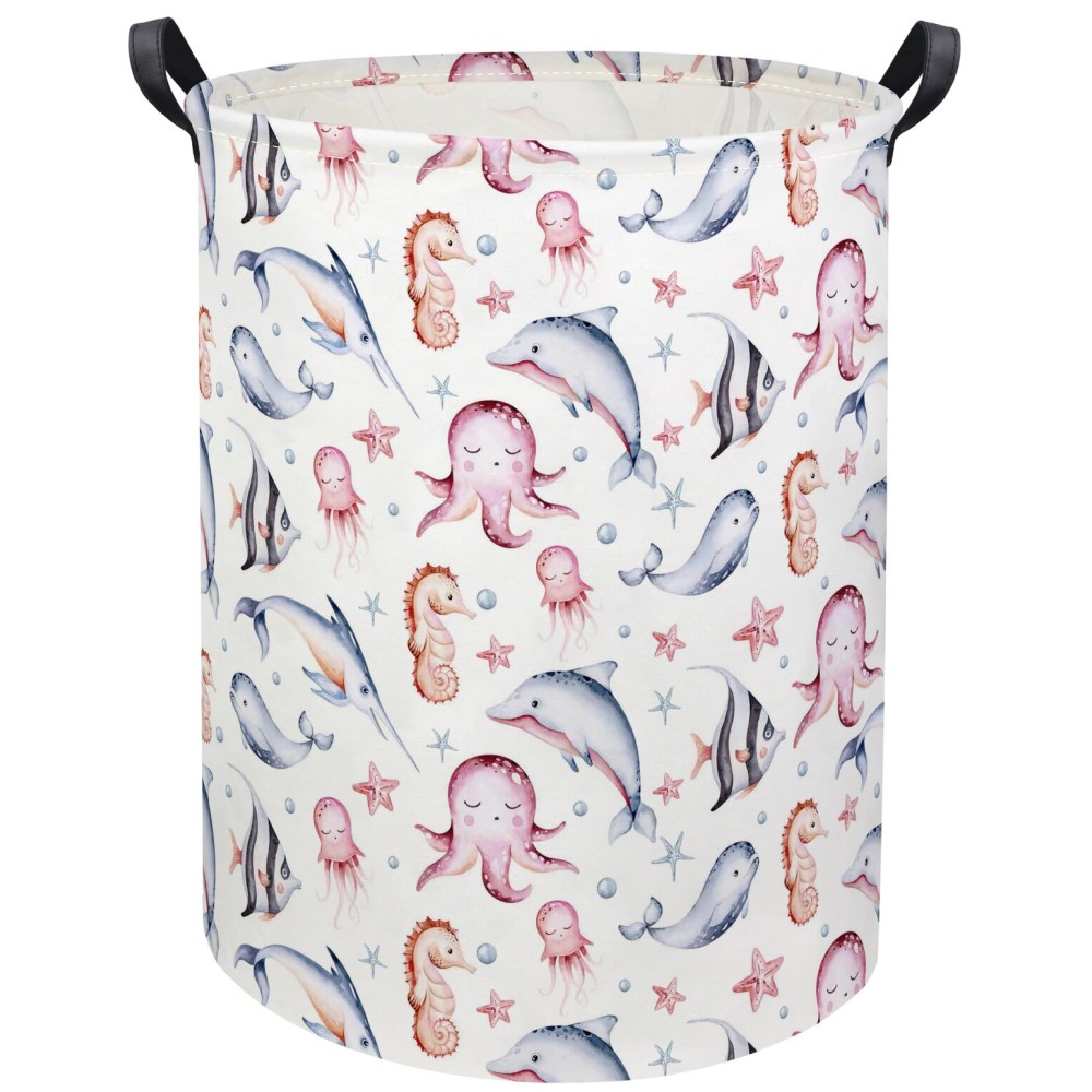 HIYAGON Baby Laundry Basket Baby Hamper for Nursery Girl Kids Ocean Hamper Cute Kids Toys Storage Bin Organizer Pink Room Decor for Home(Pink Ocean)