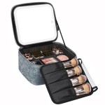 Relavel Travel Makeup Bag With LED Mirror for Women, Cosmetic Organizer Bag with Adjustable Brightness in 3 Color Scenarios, Detachable Dividers, Waterproof Train Case for Daily - Dark Blue FLowers