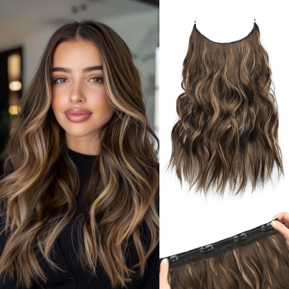 REECHO Invisible Wire Hair Extensions with Thinner Softer Lace Weft (Chocolate Brown with Highlights, 16 Inch (Pack of 1))