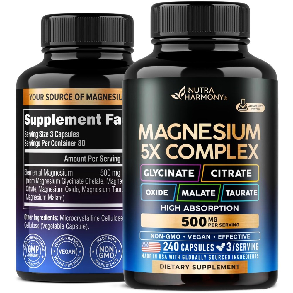 Magnesium Supplement - 5 in 1 Complex 500 mg | Glycinate | Citrate | Malate | Taurate | Oxide - Made in USA - Stress, Muscle & Heart Support - Vegan, Natural, Non-GMO - 240 Capsules