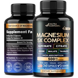 Magnesium Supplement - 5 in 1 Complex 500 mg | Glycinate | Citrate | Malate | Taurate | Oxide - Made in USA - Stress, Muscle & Heart Support - Vegan, Natural, Non-GMO - 240 Capsules