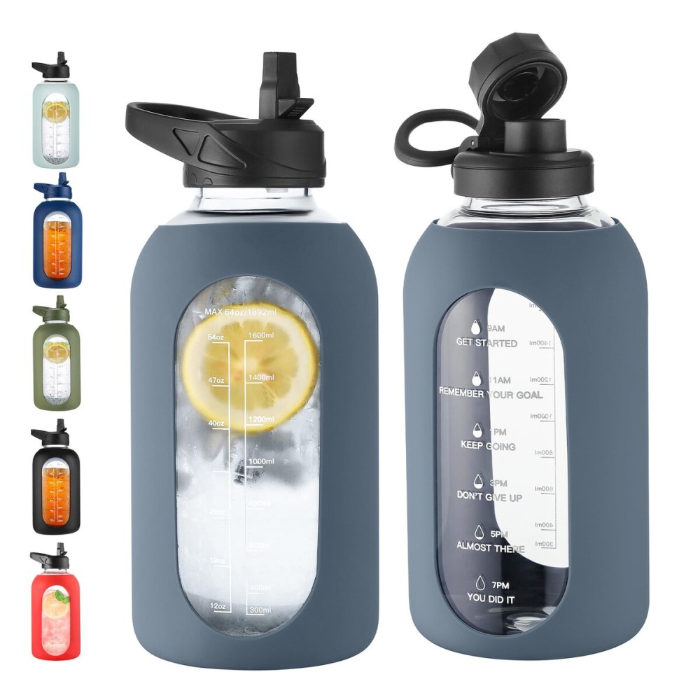 CIVAGO 64 oz Glass Water Bottle Jug with Straw and Handle, Half Gallon Sports Motivational Water Bottle with Time Marker, Wide Mouth Water Flask Canteen with Silicone Sleeve for Gym,Smog Blue