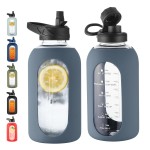 CIVAGO 64 oz Glass Water Bottle Jug with Straw and Handle, Half Gallon Sports Motivational Water Bottle with Time Marker, Wide Mouth Water Flask Canteen with Silicone Sleeve for Gym,Smog Blue
