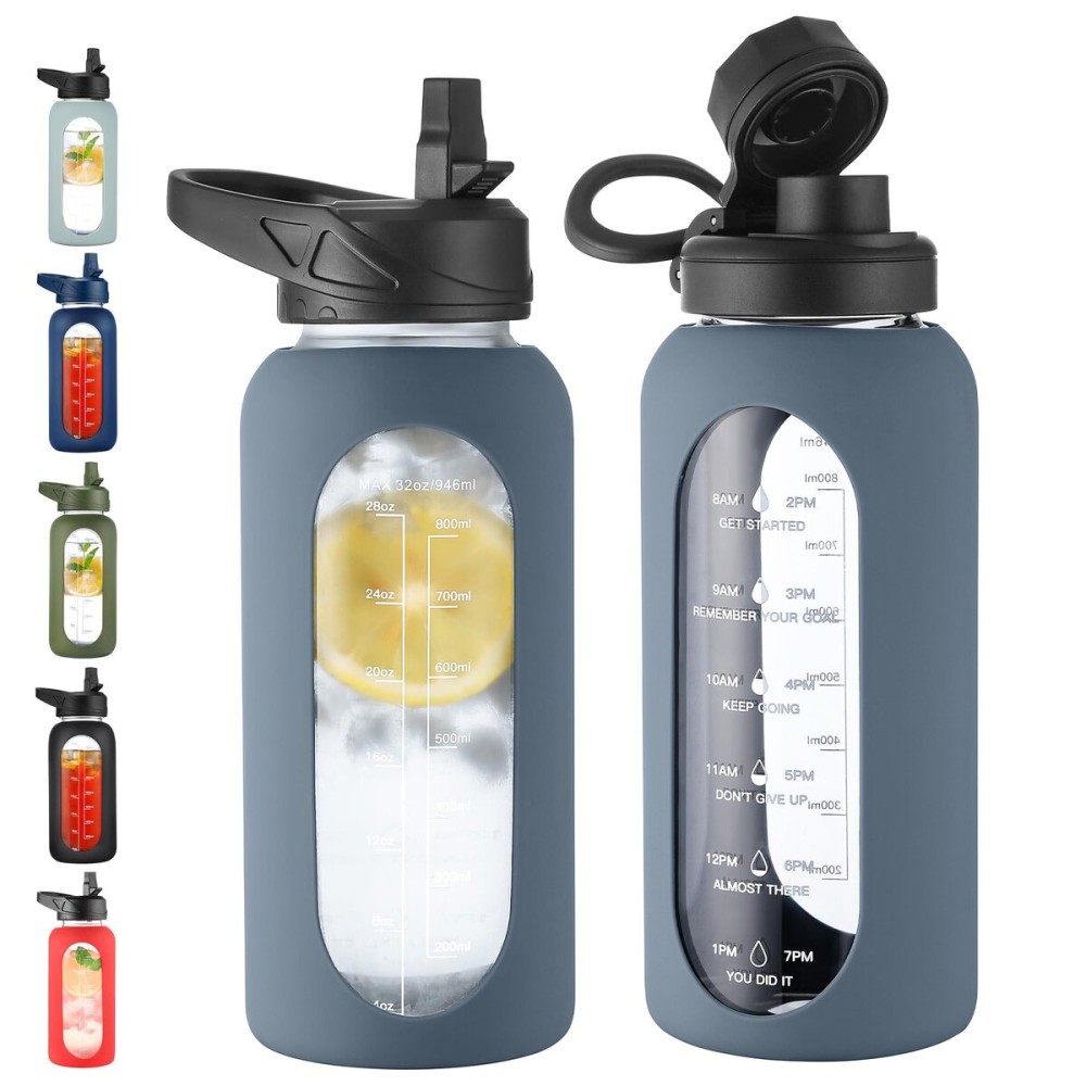 CIVAGO 32 oz Glass Water Bottle with Straw and Handle, Large Sports Motivational Water Bottle Flask with Time Marker and 2 Lids, Leakproof Water Jug Canteen with Silicone Sleeve for Gym,Smog Blue