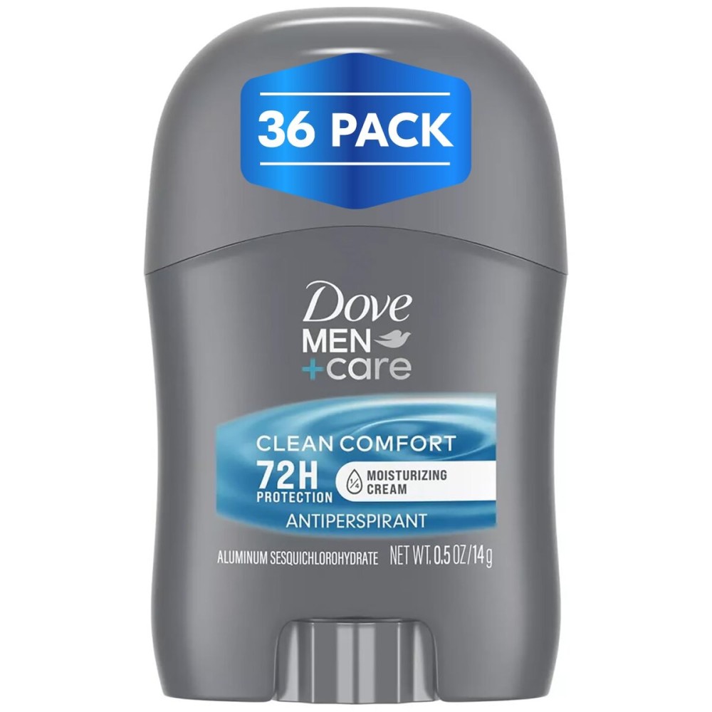 Dove Men+Care Clean Comfort Antiperspirant, 36-Pack -Mens Mini Deodorant, Travel Size, Bulk, 72H Protection, 0.5 Oz Ea