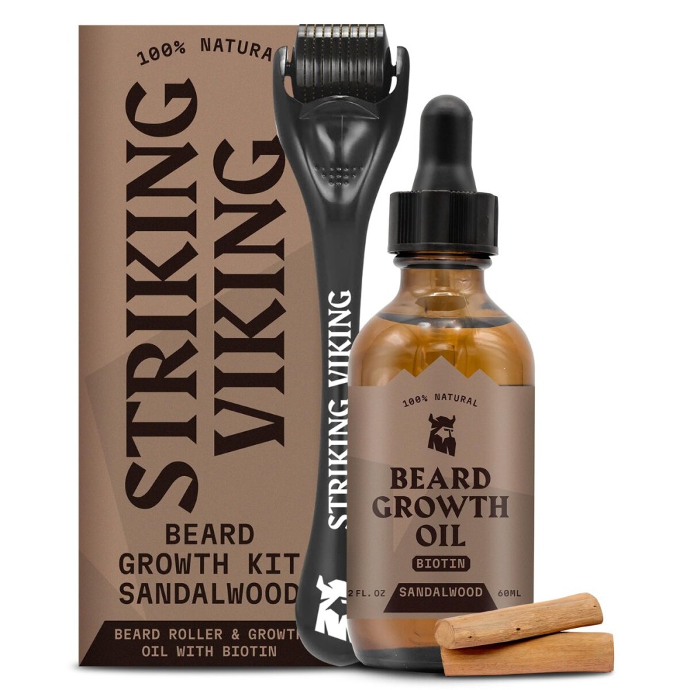Striking Viking Beard Growth Oil with Applicator for Men - Vanilla Scent - 2 Fl Oz Beard Oil Kit for Thicker & Conditioned Beard & 1 Applicator - Facial Hair Serum with Argan & Jojoba Oil