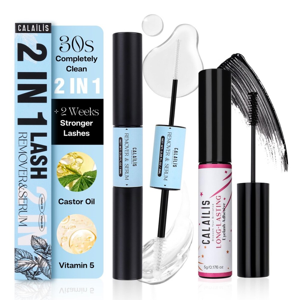 CALAILIS Cluster Lash Glue and Lash Remver and Lash Serum Kit, Strong Hold 48 Hours Lash Glue, Gentle Soothing Non-Irritating Lash Remover, Organic Castor Oil Eyelash Treatment Lash Serum