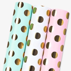 MAYPLUSS Polka Dot Wrapping Paper, Gift Wrapping Paper Mini Rolls - 17 Inch X 10 Feet Per Roll - Pink White Blue Dots Pattern with Gold Foil Birthday Gift Wrap for Baby Shower, Mothers day, Christmas