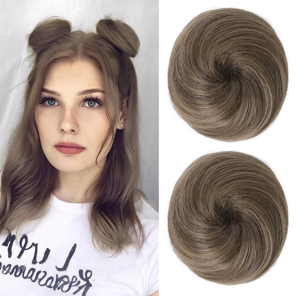 REECHO Space Bun Hair Pieces, 2 PCS Mini Claw Clip in Messy & Cat Ears Fake Hair Bun Extensions HB001 Wig Accessory Updo Hairpieces -Pack of 2-3 Straight, Light Ash Brown with Highlights