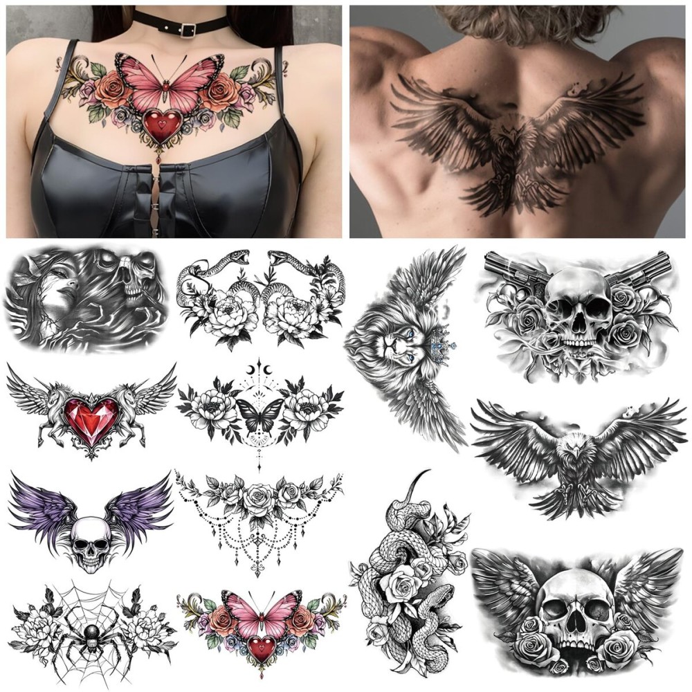Yazhiji 13 Sheet Large Chest Underboob Temporary Tattoos for Adult, 8 Sheets Sexy Rose Flower Belly Tattoos Tramp Stamp for Women, 5 Sheets Body Scar Cover Fake Chest Tattoos Stickers for Men