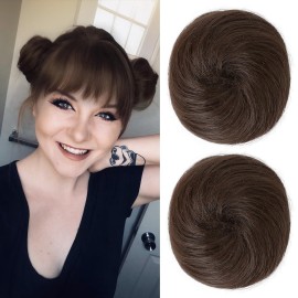REECHO Space Bun Hair Pieces, 2 PCS Mini Claw Clip in Messy & Cat Ears Fake Hair Bun Extensions HB001 Wig Accessory Updo Hairpieces -Pack of 2-3 Straight, Chestnut Brown