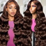 Tiwugi 28 Inch 13x6 Chocolate Brown Body Wave Human Hair Wigs Pre Plucked Body Wave Human Hair Lace Front Wigs for Black Women 180% Density Chocolate Brown Lace Front Wig with Baby Hair