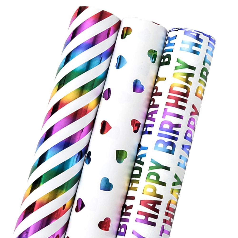 MAYPLUSS Birthday Wrapping Paper, Girl Iridescent Gift Wrapping Paper, Rainbow Foil Heart Polka Dots Stripes Bundle Gift Wrap for Kids Party, All Occasion (Mini Roll, 17 inch x 120 inch Per Roll)