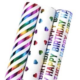 MAYPLUSS Birthday Wrapping Paper, Girl Iridescent Gift Wrapping Paper, Rainbow Foil Heart Polka Dots Stripes Bundle Gift Wrap for Kids Party, All Occasion (Mini Roll, 17 inch x 120 inch Per Roll)