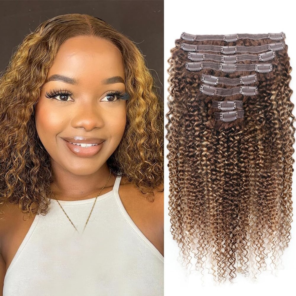 Curly Clip In Hair Extensions Real Human Hair Clip Ins Balayage Chocolate Brown to Caramel Blonde Human Hair Extensions 8Pcs with18clips 120g/Set (14 inch4/27/4)