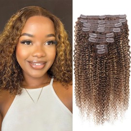 Curly Clip In Hair Extensions Real Human Hair Clip Ins Balayage Chocolate Brown to Caramel Blonde Human Hair Extensions 8Pcs with18clips 120g/Set (14 inch4/27/4)