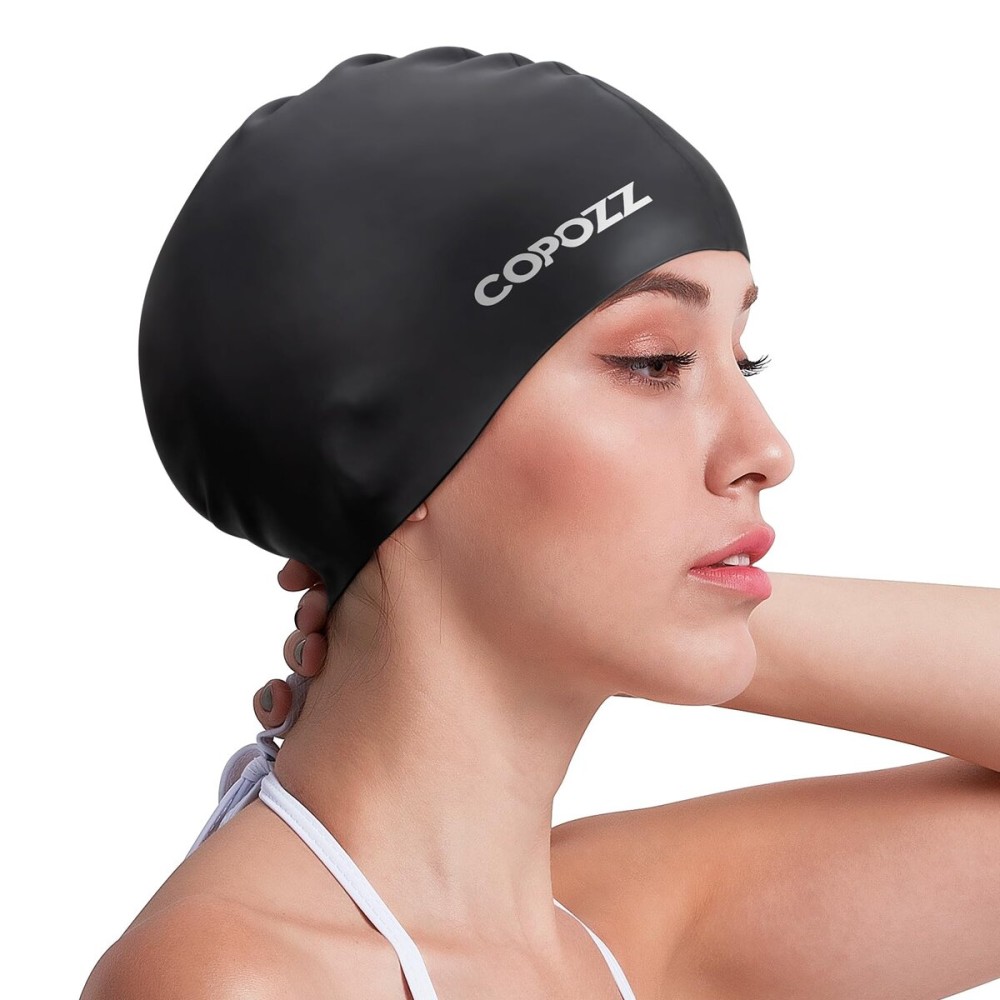 COPOZZ Adult Swim Caps, Silicone Waterproof Comfortable Swimming Cap for Women, Long and Short Hair(Black-12yrs+)