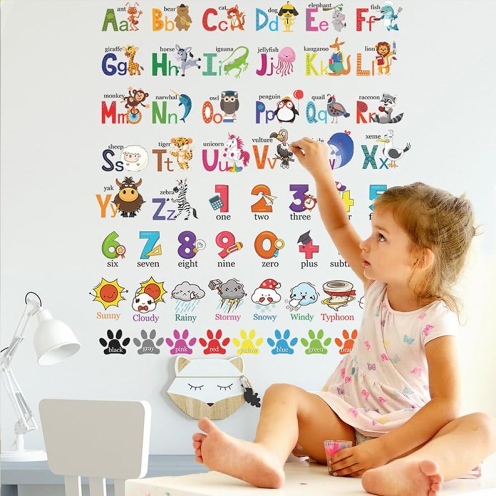 Esmee Wall Decals Animal Alphabet Numbers Colour Decals Stickers Kids Peel and Stick Removable for Room dcor Letters ABC Classroom playroom Decorations Educational Bedroom Nursery