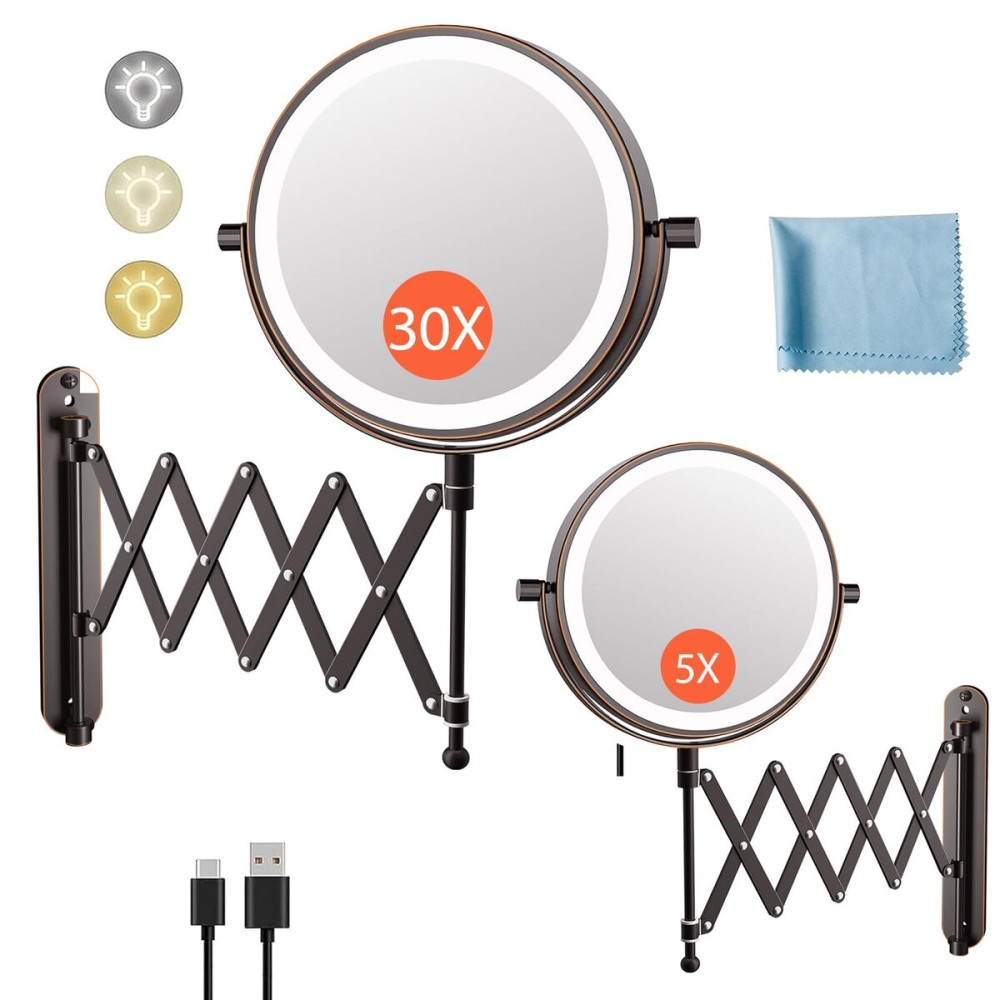 Rechargeable Wall Mounted Makeup Mirror - 8 Inch Double Sided 1X/10X Magnifying Mirror with 3 Color Lights Dimmable Touch Screen, 360Swivel 19.6 Inch Extendable Accordion Bathroom Mirror