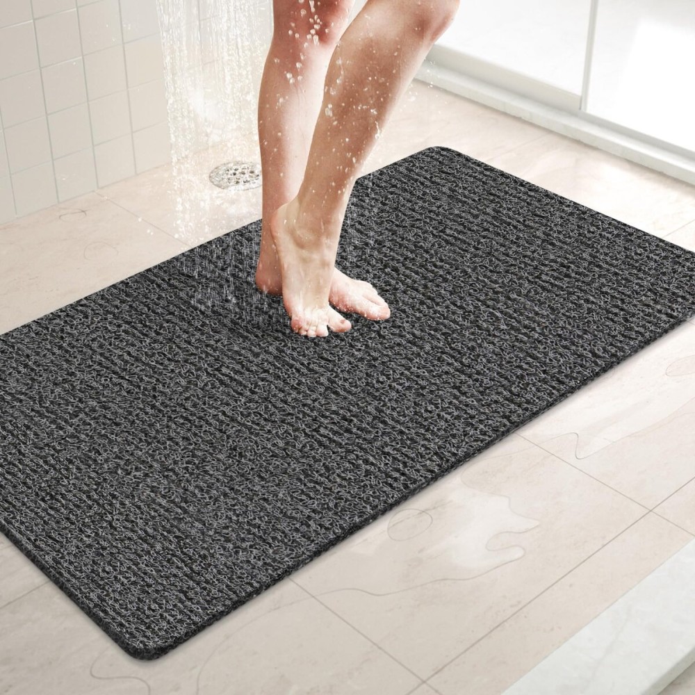 LuxStep Shower Mat Bathtub Mat,32x16 inch, Non-Slip Bath Mat with Drain, Quick Drying PVC Loofah Bathmat for Tub,Shower,Bathroom,Black